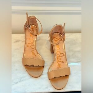 Sam Edelman Odila Ankle Strap Sandal Heel in Golden Caramel Suede 6.5